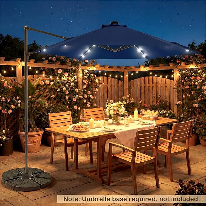 HAPPYGRILL 10 FT Patio Umbrella with Solar Lights, Outdoor Offset Cantilever Umbrella with White LED Lights, 360 Degree Rotation, Air Vent for Pool Deck Garden Backyard