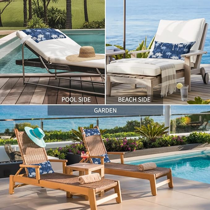 Tropical Palm Tree Outdoor Pillows for Chaise Lounge Chair Beach Headrest Pillow Set of 2 Waterproof Lumbar Pillows with Insert&Adjustable Strap Navy Blue White Plants Coastal Leaf Pool Pillow 11"x16"