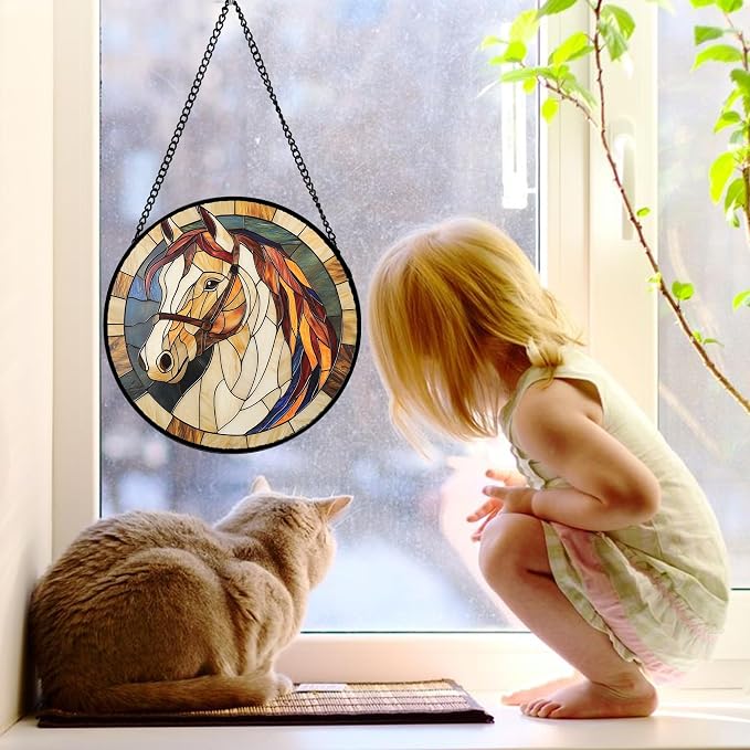 DASTOLL Stained Glass Window Hanging, Animal Horse Colored Mane Sun Catchers Glass Panel Cool Suncatcher Decor for Birthday for Women, Men, Wife, Aunt, and Mom 9.8 in