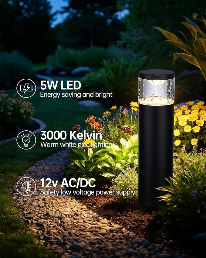 LITFIT 12Pack Low Voltage Bollard Landscape Lights, 12V Aluminum Path Light | 5W 3000K Warm White Electric Outdoor Garden Light with Connectors, 50000H Waterproof Wired LED Lawn Walkway Light, ETL Listed