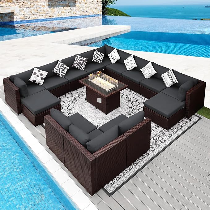 NICESOUL 15 Piece Outdoor Sectional with Fire Pit Table, Modern Luxury Patio Deep Seating w/Firepit, 29.3'' High-Back Wicker Couch Thick, Big High-Weight Capacity Sofa for Garden, Yard, Brown & Gray