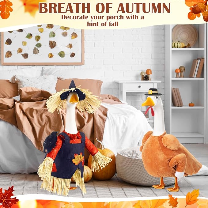 2 Set Thanksgiving Day Goose Outfit Scarecrow Turkey Lawn Porch Goose Cloths Plastic Clothing Fall Thanksgiving Outfit for 23 Inches Outdoor Patio Yard Lawn Art Decoration (Cute)
