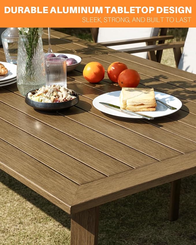 Never Rusts Outdoor Patio Dining Table for 6, 63.8"x34.8" Outdoor Aluminum Dining Table with Umbrella Hole, 6 Person Patio Furniture Dining Table for Garden, Backyard, Porch, Teak