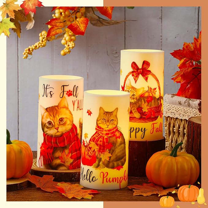 Retisee 3 Pcs Fall Flameless LED Candles Autumn Cat Pumpkin Flameless LED Candles for Bedroom Living Room Fall Thanksgiving Day Decorations