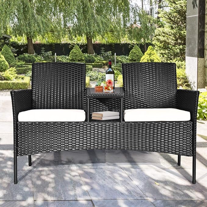 Tangkula Wicker Patio Conversation Furniture Set, Outdoor Furniture Set with Removable Cushions & Table, Tempered Glass Top, Modern Rattan Bench for Garden Lawn Backyard (White)