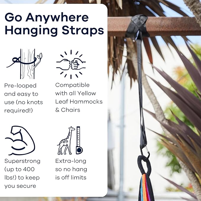 Go Anywhere Hammock Straps by Yellow Leaf Hammocks -Set of Two Nylon Straps, Each 12 Feet Long, 400lb Max - Easy to use, Pre-Looped, Tree Friendly, Super Strong, Color: Black
