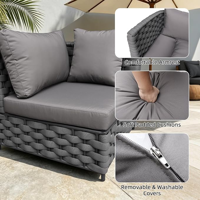 TWT ﻿Dark Gray Left Arm Outdoor Patio Sofa, Modular Woven Rope Sectional Chair with Water-Resistant Cushion & Rust-Proof Frame, for Backyard Balcony Deck