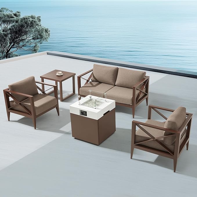 MBY Outdoor Aluminum Patio Furniture Set, 4-Seats Patio Conversation Sofa Set with 37,000 BTU Fire Pit Table w/Glass Wind Guard, All Weather for Pool, Garden-Brown