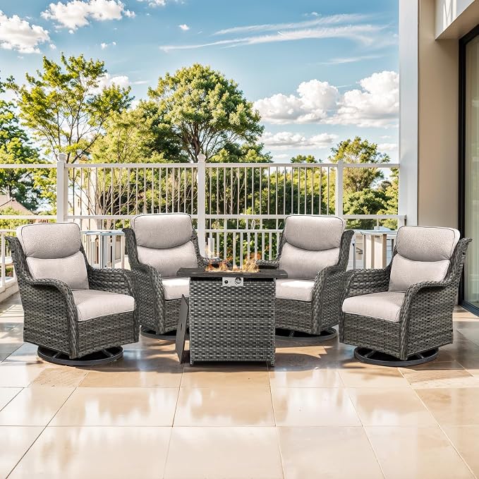 Outdoor Swivel Rocker Patio Chairs Set of 4 with Fire Table - 5" Thick Cushion 5 Piece Furniture Set with Fire Pit Table All Weather Wicker Conversation Set for Porch Deck - Gray/Beige