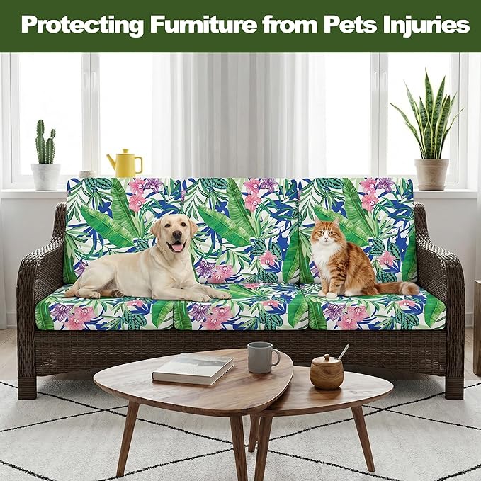 CALBODE 12 Pcs Outdoor Seat Cushion Covers, Stretch Chair Seat Cover for Patio Furniture Cushions Washable Reusable Indoor/Outdoor Couch Cover Replacement (Tropical Plant, Cover Only)