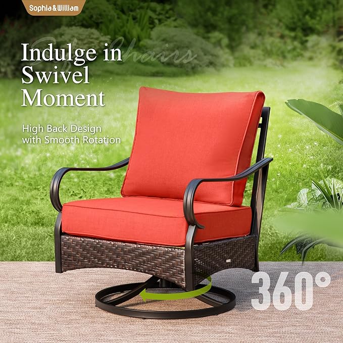 Sophia & William Extra Large Outdoor Patio Swivel Sofa Chairs Set 2 PCS Heavy-Duty Metal Porch Furniture with High Back & Deep Seating Area, 5.5" Thicken Cushions for Deck, Lawn, Outside (Red)