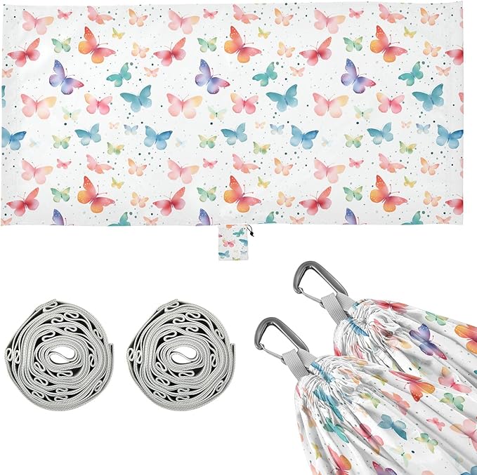 Camping Hammock Outdoor Hammocks for Outside Butterfly Watercolor White Beach Trees Portable Lightweight with Pockets Tree Straps Indoor