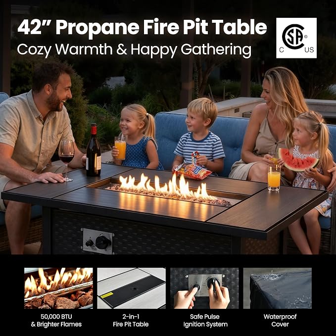 6 Piece Patio Furniture Set with Fire Pit Table, Outdoor Wicker High Back Sofa Chairs Ottoman with Comfy Cushions, Modern Conversation Sets for Backyard Deck Garden Poolside, Denim Blue