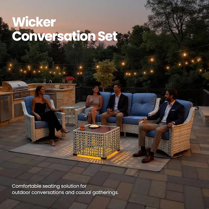 5 PCS Patio Conversation Set, All-Weather Rattan Wicker Outdoor Patio Furniture Sets with High Back Swivel Rocker Chair, Solar Light Coffee Table for Porch,Backyard,Balcony,Navy Blue