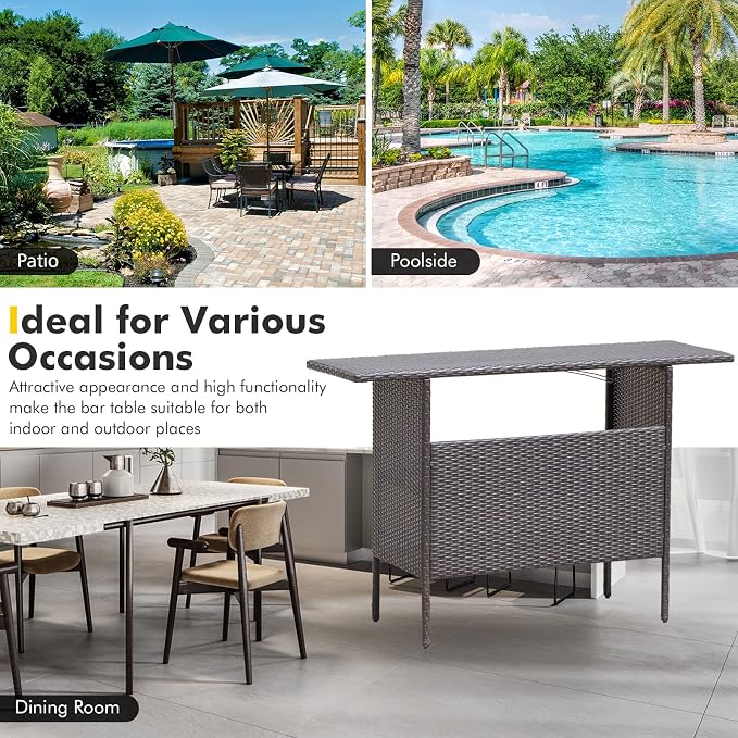 S AFSTAR Patio Rattan Bar Table, Outdoor Rattan Wicker Bar Counter Table with 2-Tier Metal Shelf & Steel Stemware Rack, Heavy-Duty Steel Frame, Waterproof Brown Rattan Table for Poolside, Backyard