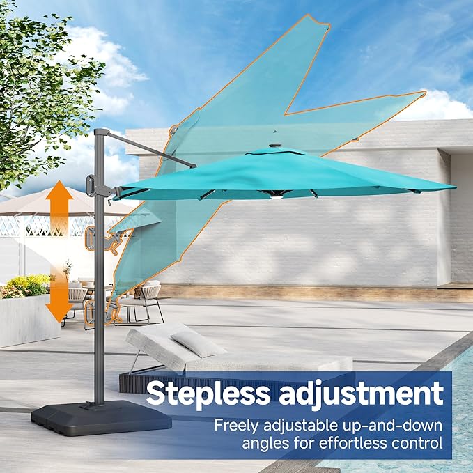FLAME&SHADE 11ft Cantilever Patio Umbrella with Base, Round Offset Umbrella with Solar Light Strips, Large Heavy Duty Outdoor Aluminum 360° Rotation,for Deck,Pool,Backyard