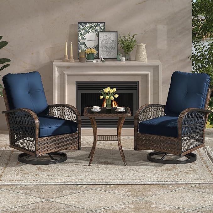EROMMY 3 Pieces Patio Furniture Set, Outdoor Swivel Rocker Patio Chairs, Wicker Patio Bistro Set with Rocking Chair, Thickened Cushions and Glass Coffee Table for Backyard, Garden, Navy Blue