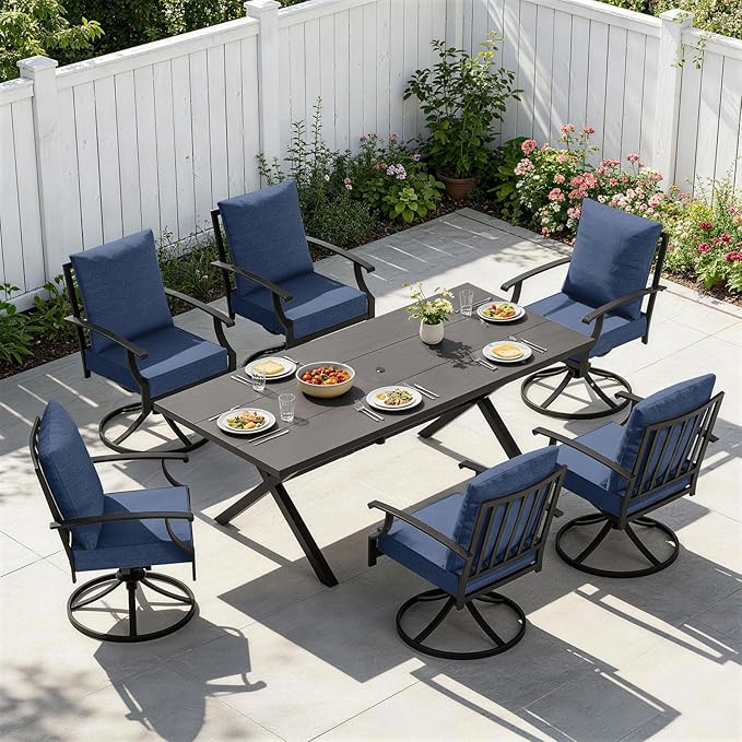7 PCS Outdoor Patio Dining Set,Patio Table and Chairs Metal Outdoor Patio Furniture Set with Umbrella Hole,Dining Table Set with 6 Swivel Chairs for Deck,Backyard and Garden,Navy Blue