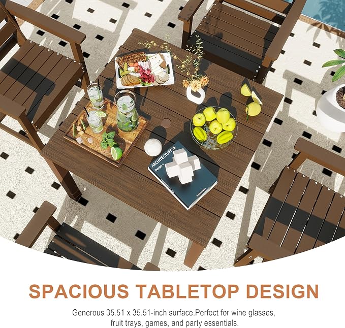 Domi HDPE Outdoor Dining Set, All-Weather Outdoor Dining Table Set of 3 with 2" Umbrella Hole, Outdoor Patio Dining Set for Garden, Poolside, Backyard, Deck, Brown