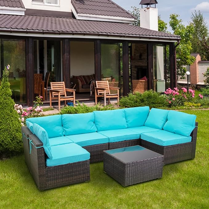 7 Pieces Outdoor Patio Furniture Sets,Rattan Conversation Sectional Set,Manual Weaving Wicker Patio Sofa with Tea Table