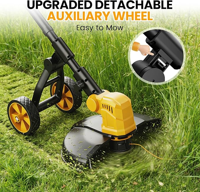Electric String Trimmer, 14-Inch 2x3.0Ah 21V Battery Powered Weed Eater, Electric Lawn Mower Weed Wacker with Wheels, Brush Cutter Grass Trimmer for Garden Yard