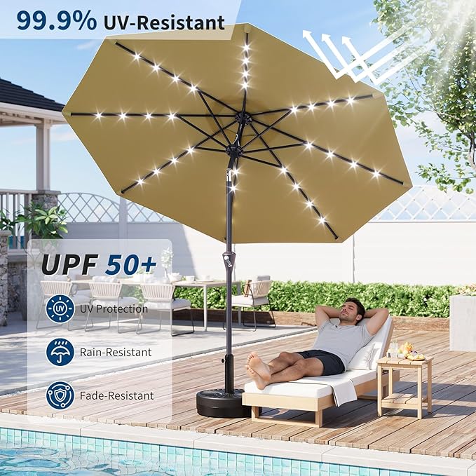 Garvee 10FT Solar Patio Umbrella with 32 LED Lights - Outdoor Table Umbrella with Crank Lift, Push Button Tilt and 8 Sturdy Ribs - Market Umbrella UV Protection for Pool, Deck, Yard, Garden -Tan