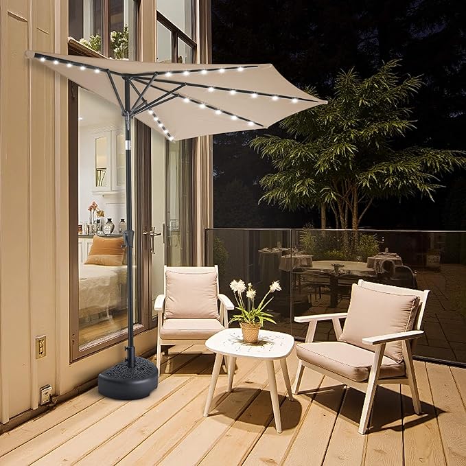 FLAME&SHADE 9 FT Solar Half Patio Umbrella with 25 LED Lights, Half Outdoor Umbrella with Button Tilt, Half Round Table Umbrella For Deck, Backyard, Balconies, Decks, Rvs, UV Protection (Beige)