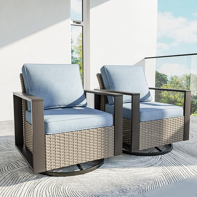 Patio Chairs Set of 2, Outdoor Swivel Rocker Patio Chairs, Metal Patio Furniture with Deep Seating, Thicken Cushions for Deck, Porch, Yard Use (Azure, 2 PCS/Swivel)