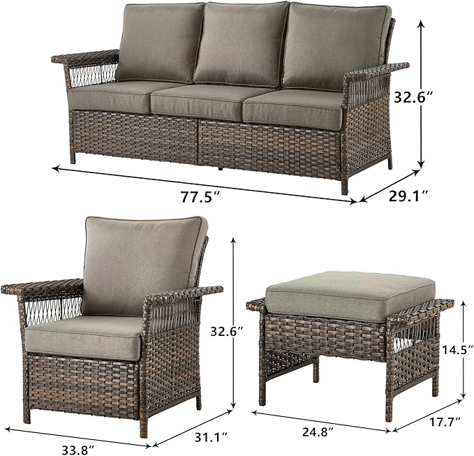 Outdoor Wicker Patio Furniture Set - 5 Piece Rattan Patio Conversation Sets with 2 Wicker Chairs,2 Ottomans and 1 Sofa for Porch Deck Garden(Brown/Grey)