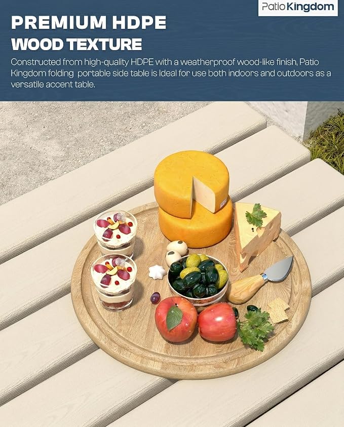Outdoor Folding Side Table, Lightweight & Space-Saving Design, All-Weather HDPE Material, Realistic Wood-Grain Finish (White,1 Table)