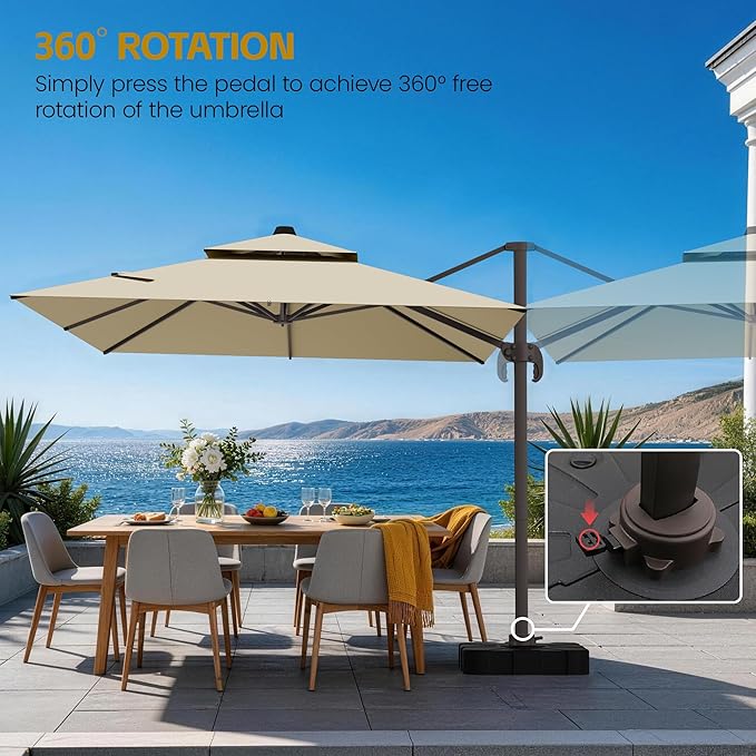 HASLE OUTFITTERS 9x12 FT Patio Cantilever Umbrella with Base, Outdoor Offset Large Rectangular Heavy Duty Double Top Umbrellas with 360° Rotation for Pool Garden Deck，Beige