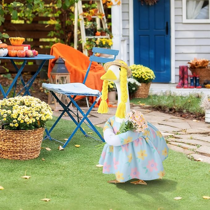 Spring Porch Goose Outfit, 23 Inch Floral Dress with Straw Hat and Braided Hair, Cute Goose Statue Clothes for Outdoor Lawn Garden Decor, Funny Farmhouse Porch Decoration