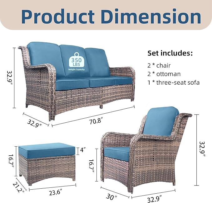 Wicker Patio Furniture Set, 33" High Back Chairs with 4" Thick Cushions, 5 Pieces Outdoor Seating Furniture, Conversation Set with Ottomans for Lawn Yard Porch, Peacock Blue