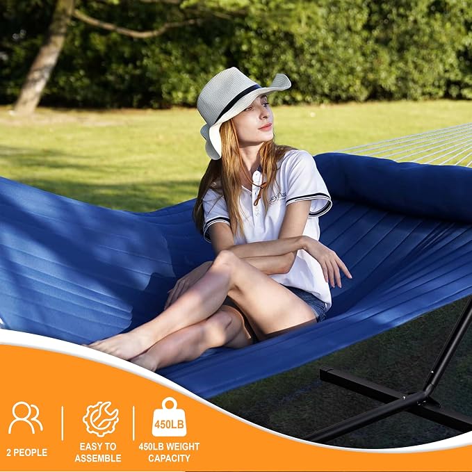 Lazy Daze Quilted Fabric Hammock with 12-Foot Stand, Double 2-Person Hammock with Pillow for Outdoor Outside Patio, Garden, Backyard, 450LB Capacity, Navy Blue