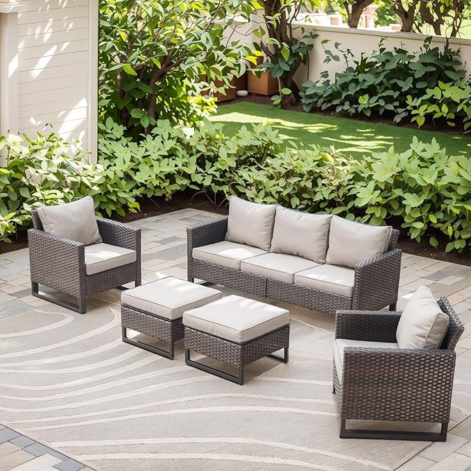 Rilyson Wicker Outdoor Patio Furniture Set - 5 Piece Patio Conversation Set with 2 Wicker Armrest Chairs,2 Rattan Ottoman and 1 Couch for Outside Porch Deck Backyard Garden(Brown/Beige)