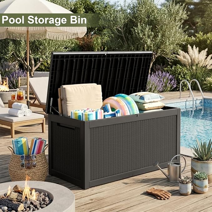 320 Gallon Outdoor Storage Box Waterproof, Lockable Resin Deck Box Large, Patio Storage Bin for Pool Accessories Cushion Furniture, Garden Tools, UV-Resistant Outside Delivery Black