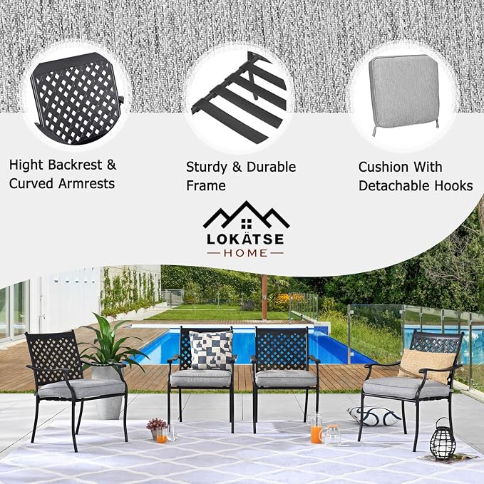 LOKATSE HOME Patio Dining Chairs Set of 4, Stackable Metal Wrought Iron Outdoor Chairs with Armrests & Thick Grey Cushions, All-Weather Heavy Duty Furniture for Garden, Backyard, Deck & Balcony