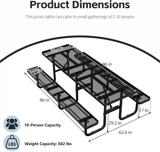96" Rectangular Metal Picnic Table, Commercial Steel Picnic Tables with 1.96" Umbrella Hole, Heavy Duty Picnic Tables for Outdoor Garden Courtyard BBQ, Black
