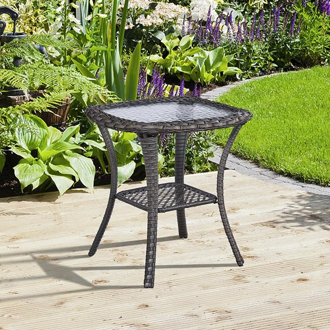 Patio Wicker Side Table, Outdoor PE Rattan End Table with 5mm Tempered Glass Top and 2-Tier Storage Shelf, 20" Square Coffee Table for Deck Porch Garden Backyard-Dark Brown