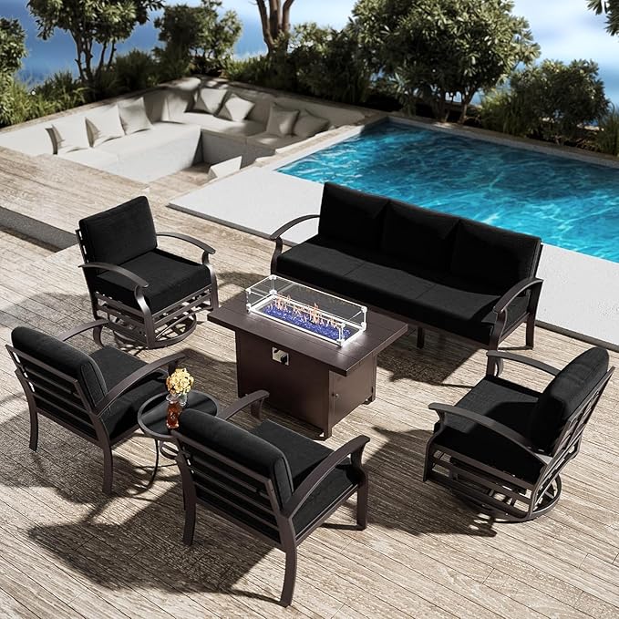 Patio Furniture Set 7-Piece Aluminum Armrest Sofa, Modern Outdoor Living Room Set with 55000 BTU Propane Aluminum Fireplace, Outdoor Rotary Joystick with Thick Cushion