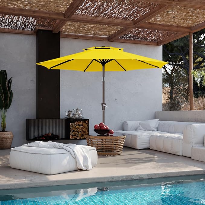 JEAREY 9' 2-Tiers Patio Umbrellas Outdoor Table Market Umbrella w/Push Button Tilt/Crank, 8 Sturdy Ribs, UV Protection Waterproof Sunproof(Yellow)