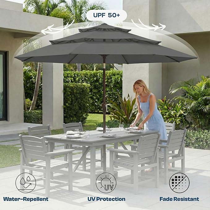 10ft Patio Umbrella, 3 Tier Outdoor Market Table Umbrellas with 8 Fiberglass Ribs and Push Button Tilt, Windproof, Vented Canopy, UV Protection for Deck, Pool, Backyard