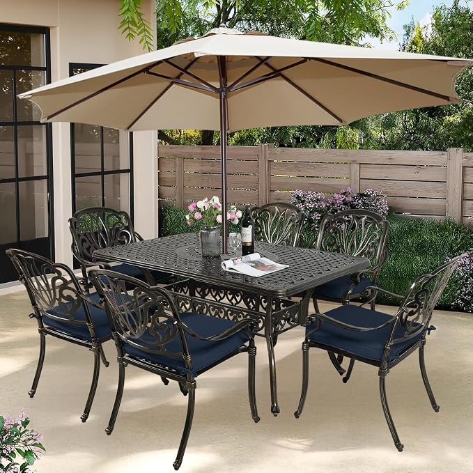 7-Piece Outdoor Patio Dining Set, 60” Rectangular Cast Aluminum Dining Table with Umbrella Hole and 6 Outdoor Dining Cushioned Chairs, Patio Funiture Set for Backyard, Patio, Garden, Navy