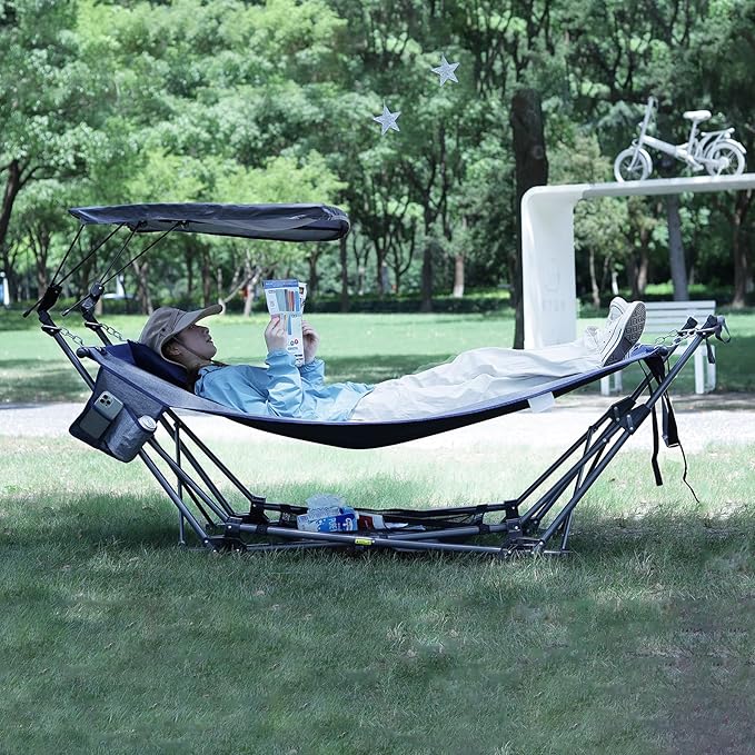 RedSwing Camping Hammock with Stand, Portable Hammock with Removable Canopy, Pillow and Storage Net,Foldable Heavy Duty Steel Frame Space Saving for Indoor Outdoor Backyard Beach Garden
