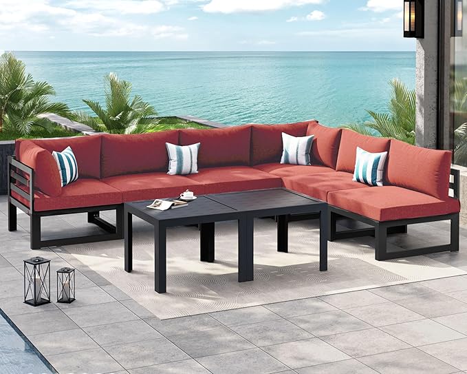 NICESOUL 8 Piece Oversized Modern Aluminum Patio Furniture Set, All Weather Rust Proof Modular Sectional Sofa with Side Table, 500 lbs Heavy Duty Comfortable Outdoor Couch for Backyard Deck, Burgundy