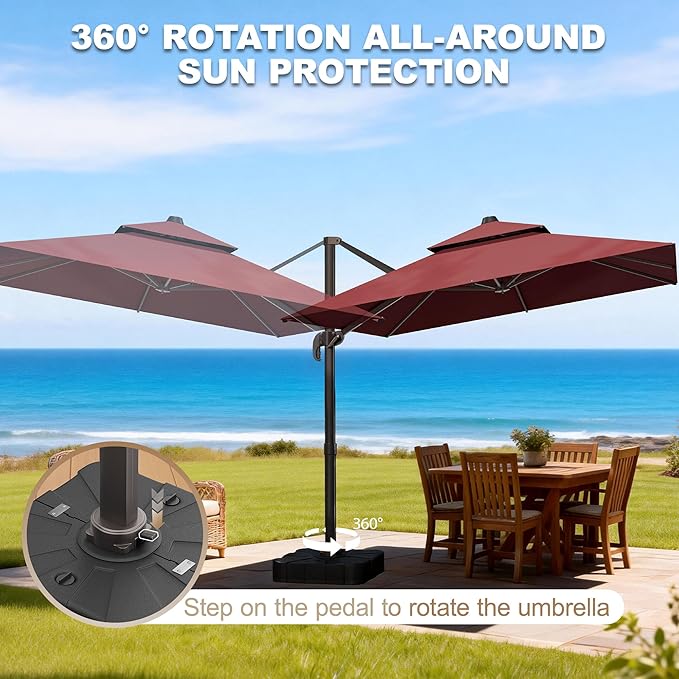 10x10Ft Patio Umbrella Outdoor Cantilever Rectangle Umbrella with Base Included, 6-Level Tilt & 360° Rotation Offset Umbrella for Garden, Deck, Pool(Red)