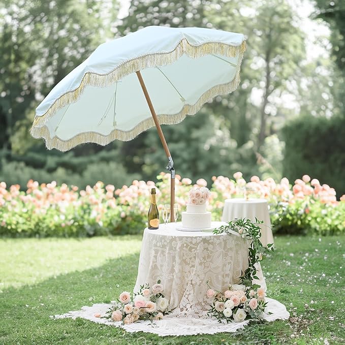 LAGarden Fringe Patio Umbrella with Carry Bag & Cover Vintage Wood for Event Outdoor Garden Yard Wedding Bistro Table