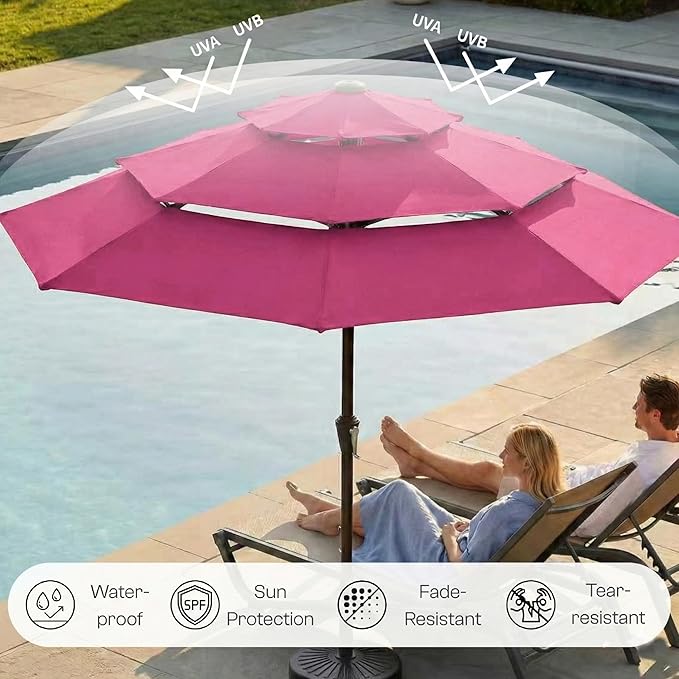 10ft 3-Tier Patio Umbrella with 32 Solar Powered LED Lights, Windproof Outdoor Market Umbrella for Deck, Poolside & Garden, Sturdy Push-Button Tilt Table Umbrella, Rose Pink