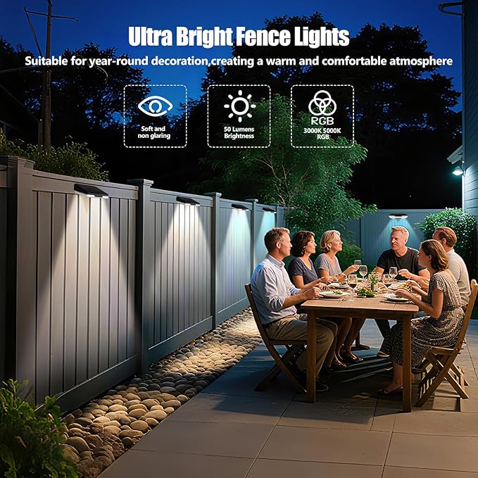 Solar Fence Lights Outdoor，6 Pack IP65 Waterproof Fence Lights Solar Powered with Ultra-Bright LED Lens，12+ Hours Steady Glow 9 Color Modes for Outside Patio Step Backyard Railing