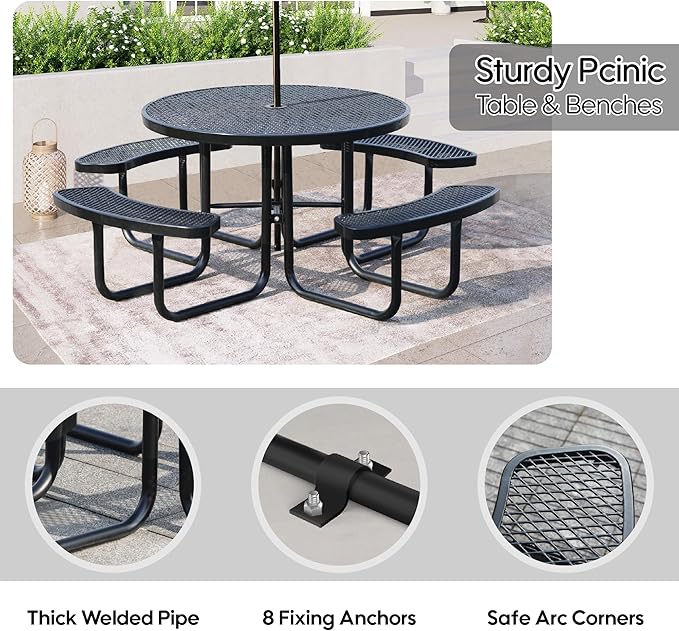 46" Round Picnic Tables for Outdoors,Commercial Metal Picnic Table Bench Set W/ Umbrella Hole,Restaurant School Canteen Tables W/Seats - Heavy Duty Sturdy Picnic Tables for Patio Garden Coffee Shop